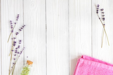 Natural organic cosmetics for baby with lavender on a wooden backgroundの写真素材