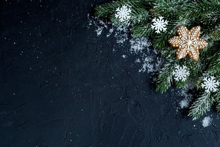 Christmas decorations, spruce branches on dark background top view - 2017の写真素材