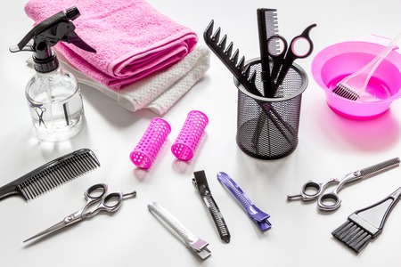 hairdresser working desk with tools close upの写真素材