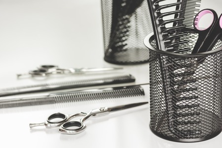 hairdresser working desk preparation for cutting hair close upの写真素材