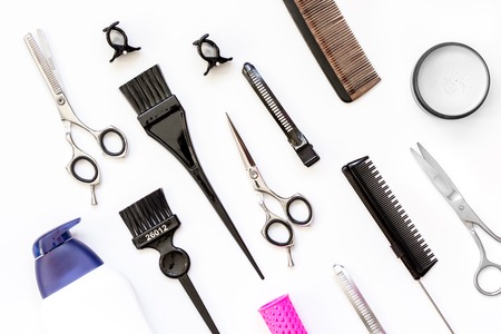 hairdresser tools on white background top view.の写真素材