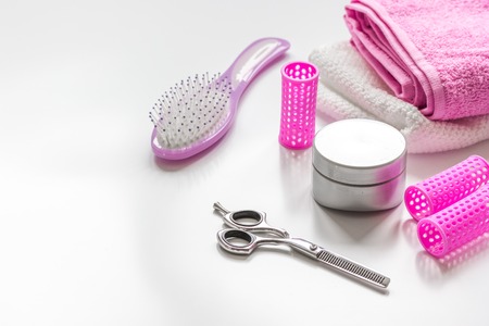 hairdresser working desk preparation for cutting hair close upの写真素材