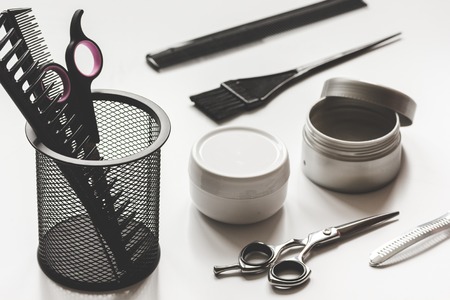 hairdresser working desk preparation for cutting hair close upの写真素材