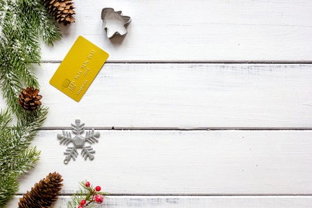 Online shopping for new year on wooden table top view.の写真素材