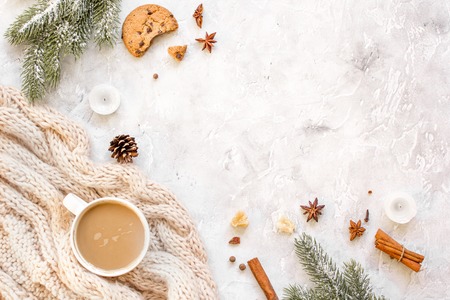 Christmas evening with cup of cocoa on white background top view