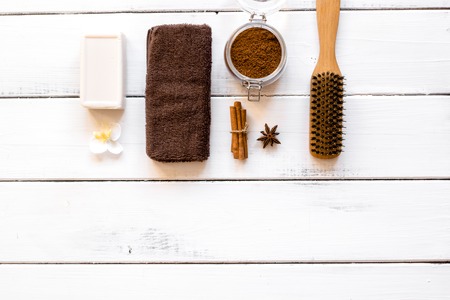 cosmetics for spa on wooden background top view.の写真素材