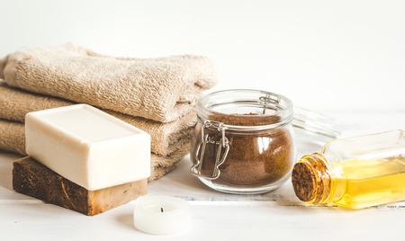Preparation for spa treatments on white background close up