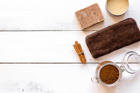 cosmetics for spa on wooden background top view.の写真素材