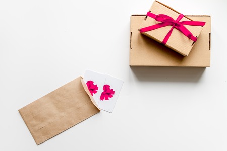 concept of gift cards on white background top view.