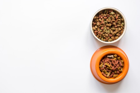 dry pet food in bowl on white background top view.の写真素材