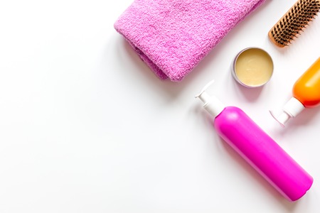 cosmetics for women haircare in bottle on white background top viewの写真素材