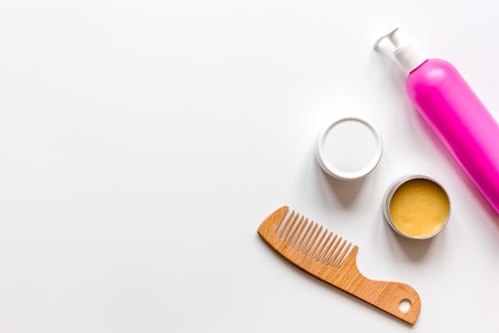 womens haircare spa in bottle on white background top view.の写真素材