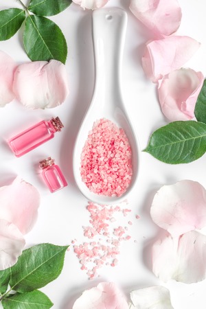 organic cosmetic with rose oil on white background top view.の写真素材