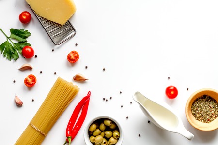 ingredients for cooking paste on white background top view mock upの写真素材