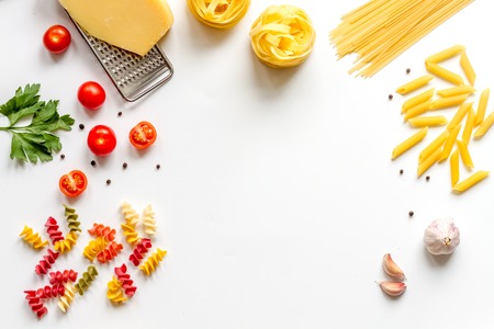 ingredients for cooking paste on white background top view mock up