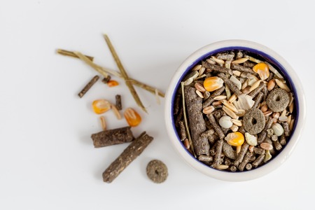 dry food for rodents in bowl on white background top view.の写真素材