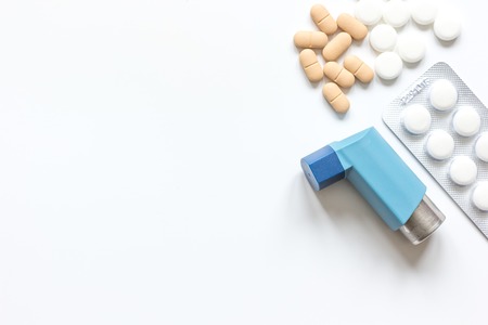 concept asthma and treatment on white background top view.