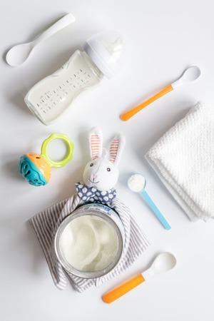 preparation of mixture baby feeding on white background top viewの写真素材