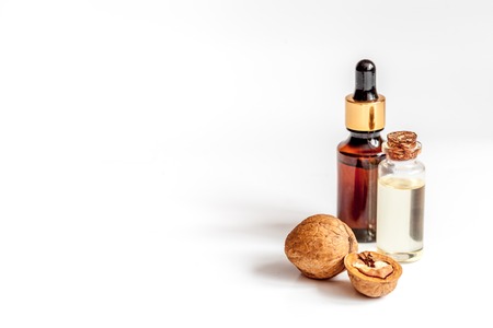 cosmetic and therapeutic walnut oil on white backgroundの写真素材