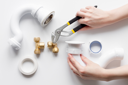 concept plumbing work top view on white backgroundの写真素材