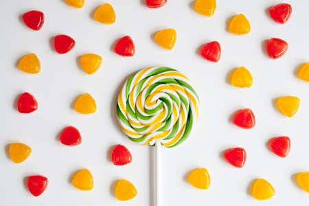 sweets and sugar candies on white background top viewの写真素材