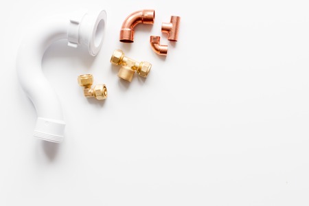 concept plumbing work top view on white backgroundの写真素材