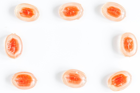sweets and sugar candies on white background top view.の写真素材
