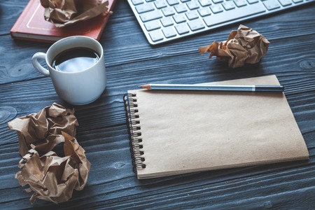 concept of writer desktop wooden background top view mock upの写真素材