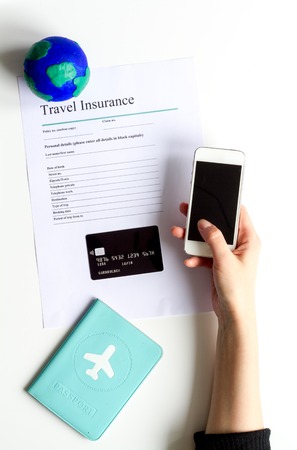 travel booking concept top view on white background mock upの写真素材