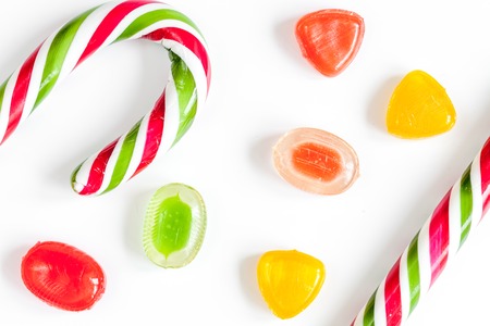 sweets and sugar candies on white background top viewの写真素材