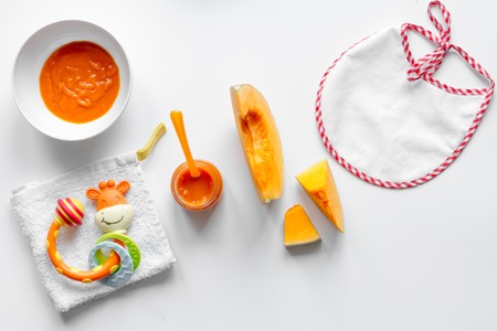cooking vegetable puree for baby on white background top viewの写真素材