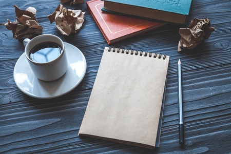 concept of writer desktop wooden background top view mock upの写真素材