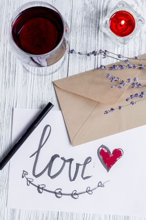 concept Valentines Day love letter wooden background top viewの写真素材