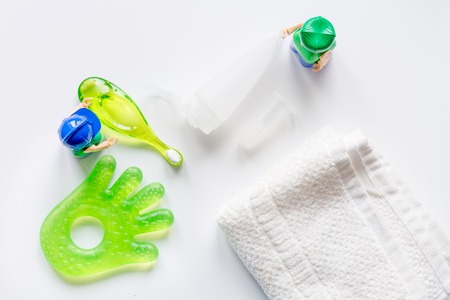 prevention and care childrens teeth white background top viewの写真素材