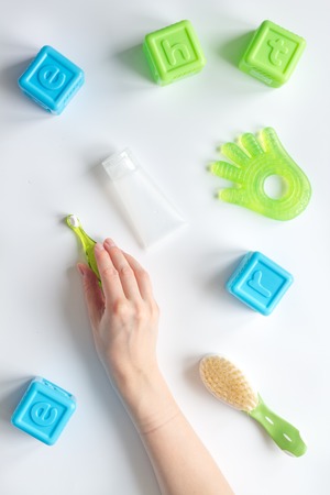 prevention and care childrens teeth white background top viewの写真素材