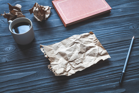 concept of writer desktop wooden background top view mock upの写真素材