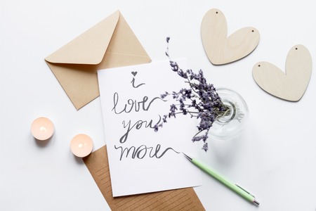 concept of Valentine Day love letter white background top viewの写真素材