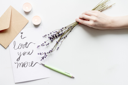 concept of Valentine Day love letter white background top viewの写真素材
