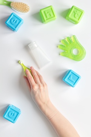 prevention and care childrens teeth white background top viewの写真素材