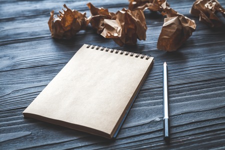 concept of writer desktop wooden background top view mock upの写真素材