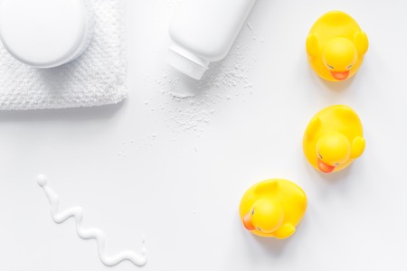 baby accessories for bath with duck on white background top viewの写真素材