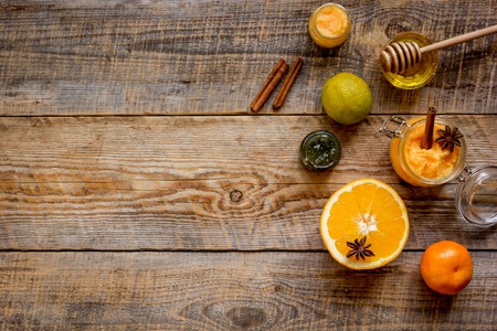 organic citrus scrub homemade on wooden background top view.の写真素材