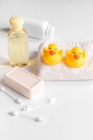 baby organic cosmetic for bath on white bakground close upの写真素材