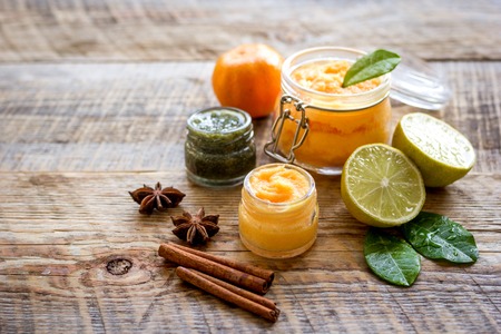 organic citrus scrub homemade on wooden backgroundの写真素材