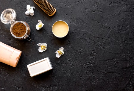 cosmetics for spa on dark background top viewの写真素材