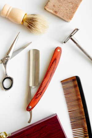 Mens hairdressing desktop with tools for shaving top view.の写真素材