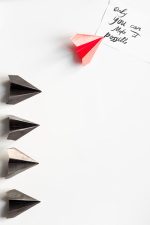 choice concept paper boats on white background top viewの写真素材