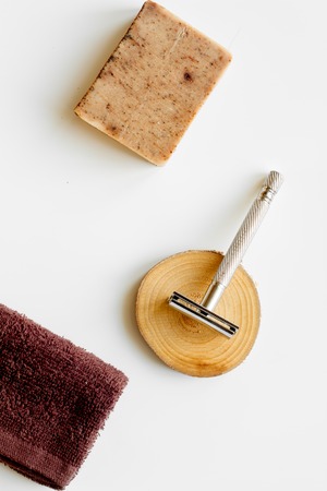 Mens hairdressing desktop with tools for shaving top view.の写真素材