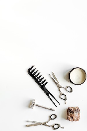Mens hairdressing desktop with tools for shaving top view.の写真素材