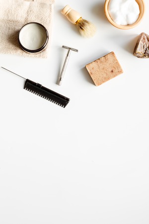 Mens hairdressing desktop with tools for shaving top viewの写真素材